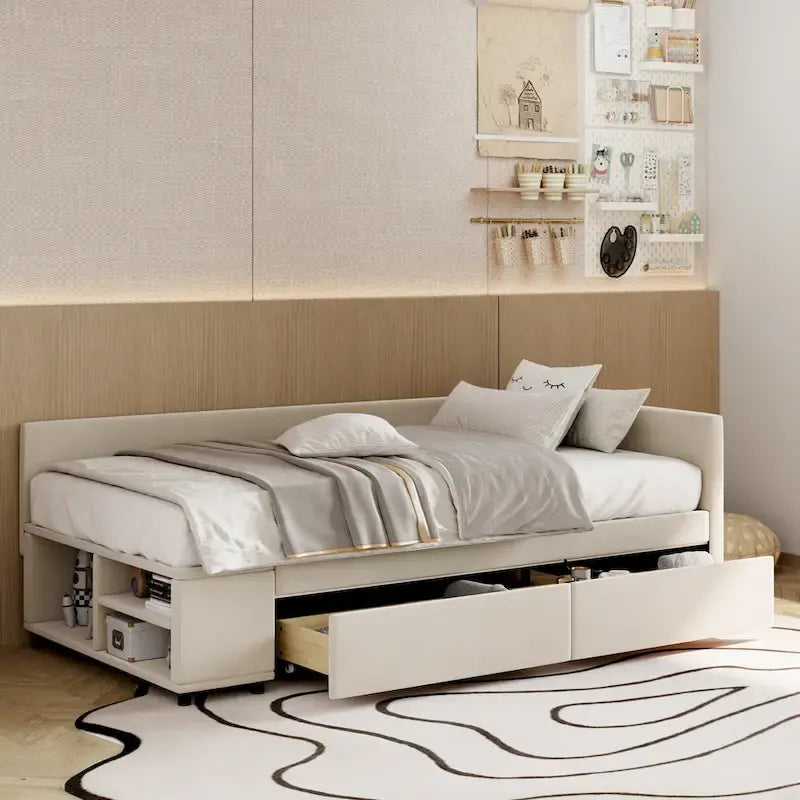 Lit jumeau plateforme avec tiroirs de rangement et armoire latérale