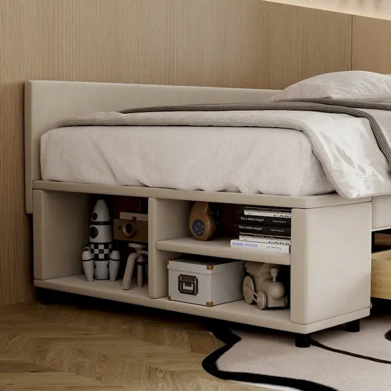 Lit jumeau plateforme avec tiroirs de rangement et armoire latérale