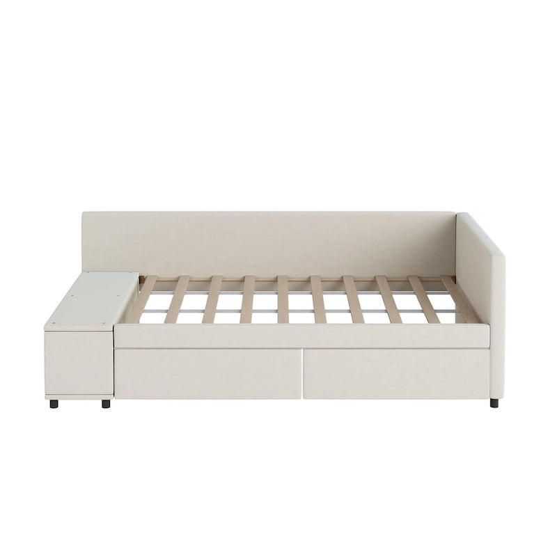 Lit jumeau plateforme avec tiroirs de rangement et armoire latérale