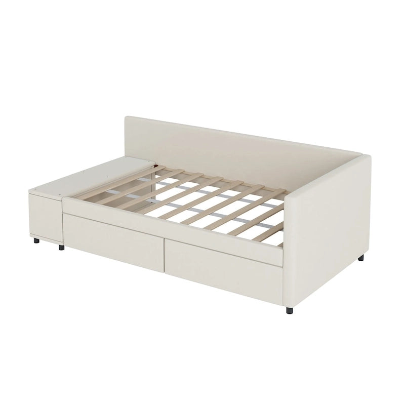 Lit jumeau plateforme avec tiroirs de rangement et armoire latérale