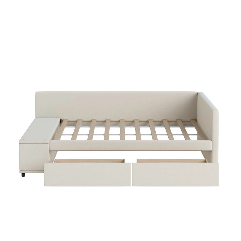 Lit jumeau plateforme avec tiroirs de rangement et armoire latérale