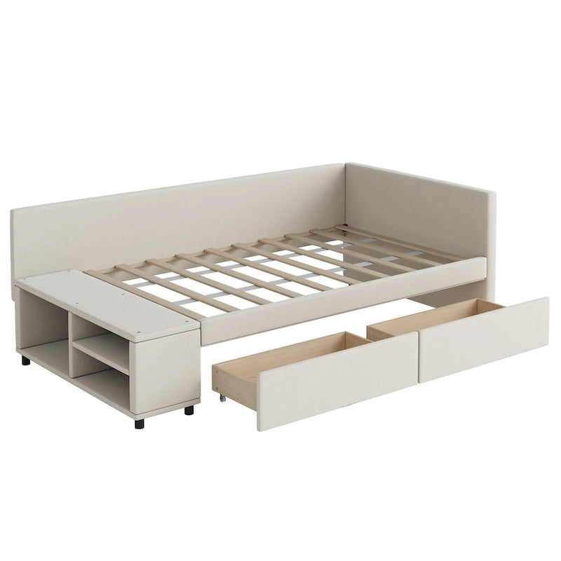 Lit jumeau plateforme avec tiroirs de rangement et armoire latérale