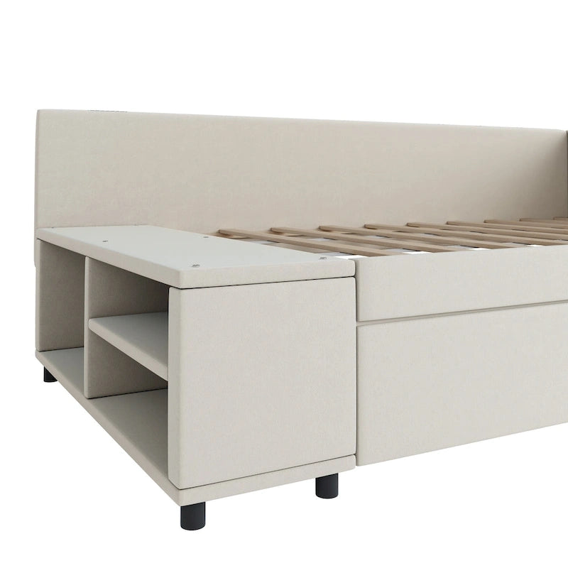 Lit jumeau plateforme avec tiroirs de rangement et armoire latérale