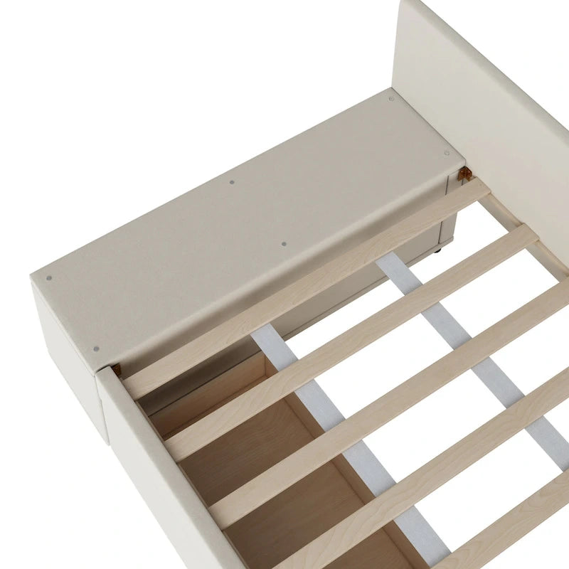 Lit jumeau plateforme avec tiroirs de rangement et armoire latérale