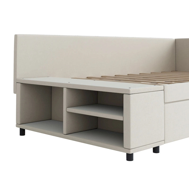 Lit jumeau plateforme avec tiroirs de rangement et armoire latérale