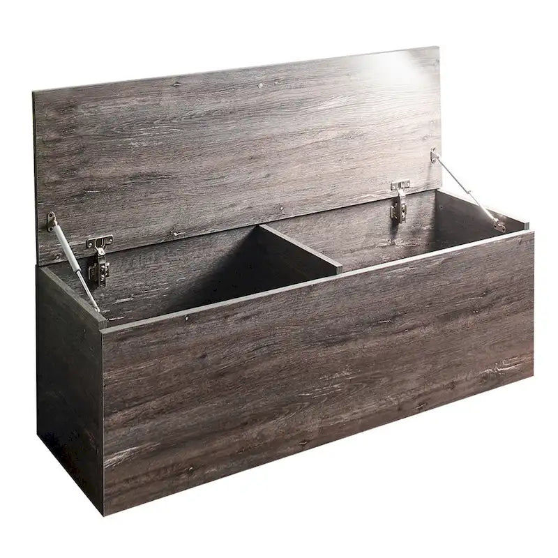 Banc de rangement avec charnières de sécurité, couvercle relevable, bois gris de style rustique