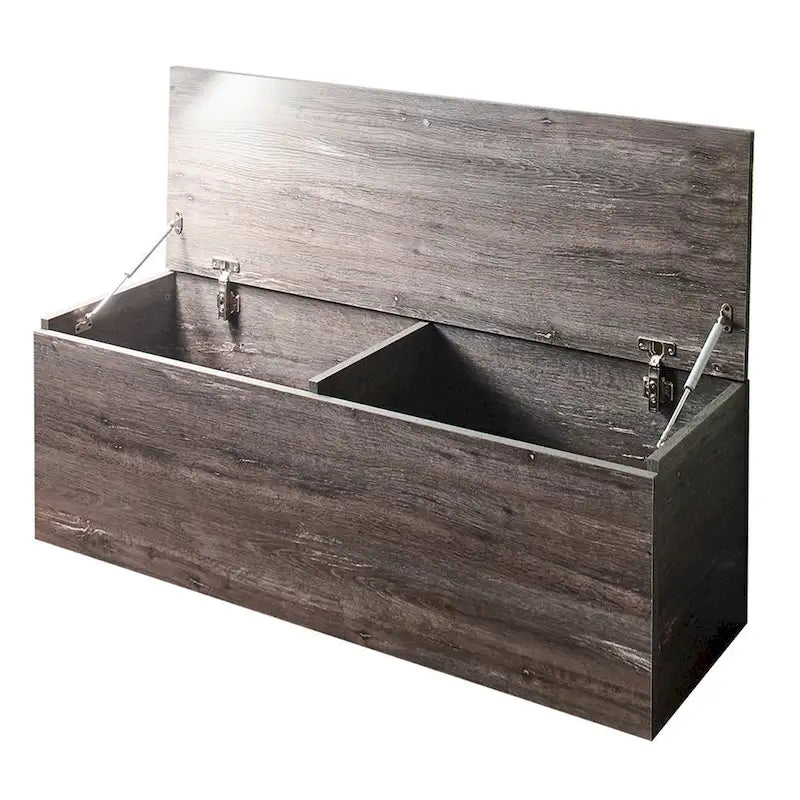 Banc de rangement avec charnières de sécurité, couvercle relevable, bois gris de style rustique