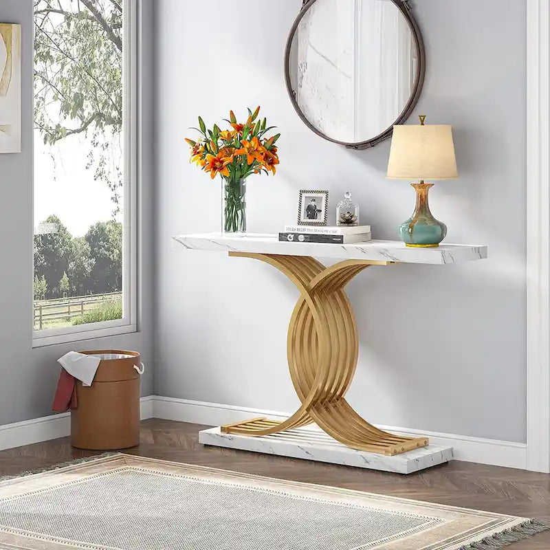 Console avec plateau aspect marbre et piètement en métal