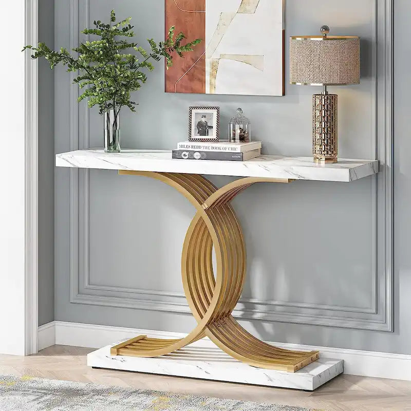 Console avec plateau aspect marbre et piètement en métal