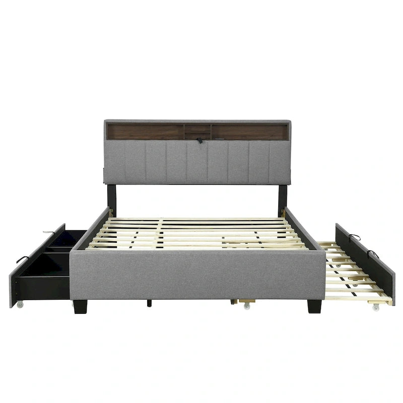 Lit plateforme rembourré avec tête de lit de rangement, lit gigogne et 2 tiroirs