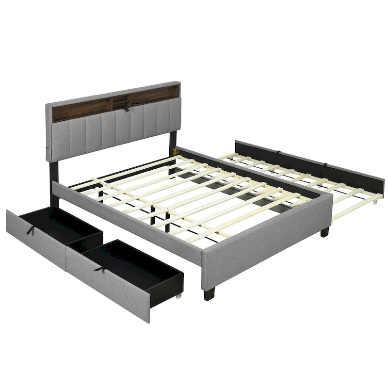 Lit plateforme rembourré avec tête de lit de rangement, lit gigogne et 2 tiroirs