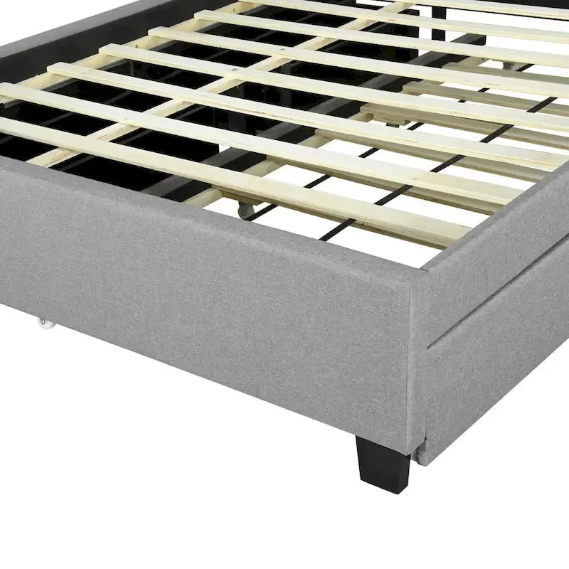 Lit plateforme rembourré avec tête de lit de rangement, lit gigogne et 2 tiroirs