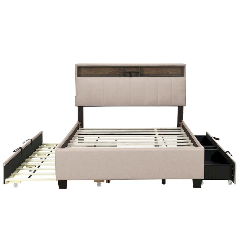 Lit plateforme rembourré avec tête de lit de rangement, lit gigogne et 2 tiroirs