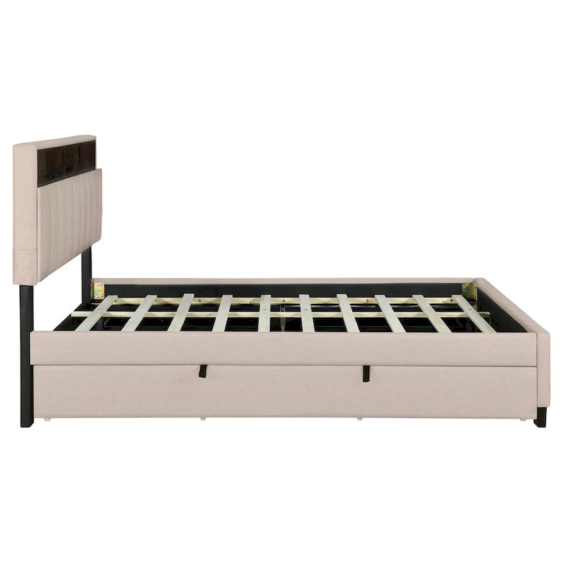 Lit plateforme rembourré avec tête de lit de rangement, lit gigogne et 2 tiroirs