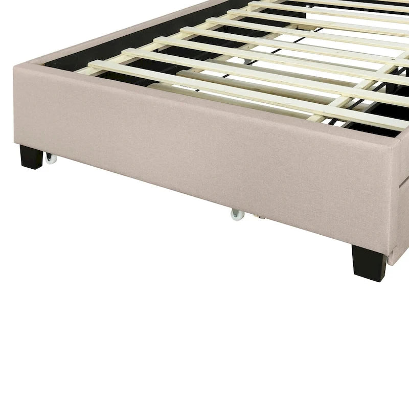 Lit plateforme rembourré avec tête de lit de rangement, lit gigogne et 2 tiroirs