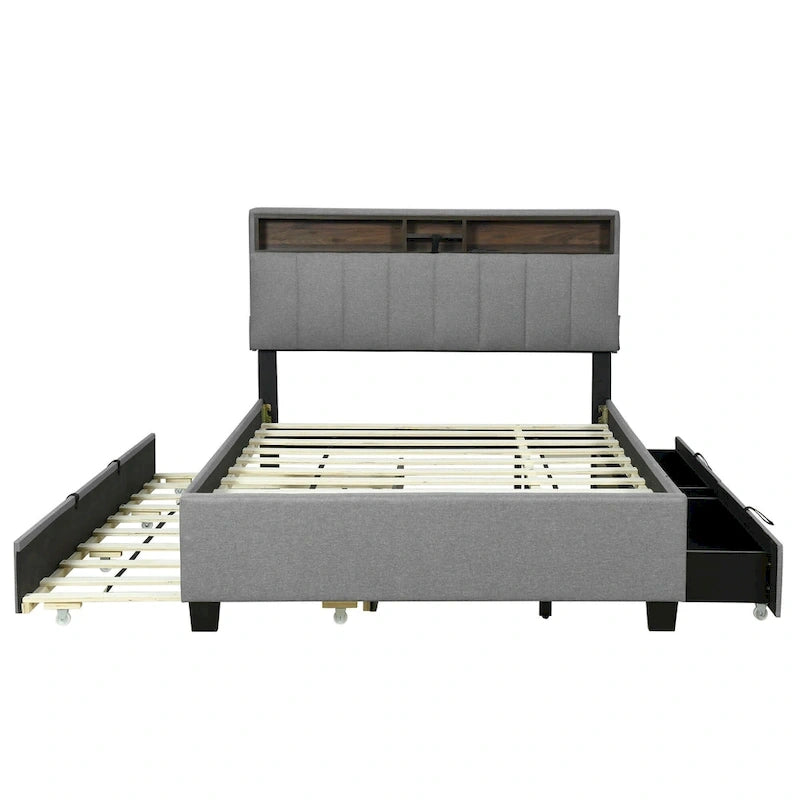Lit plateforme rembourré avec tête de lit de rangement, lit gigogne et 2 tiroirs