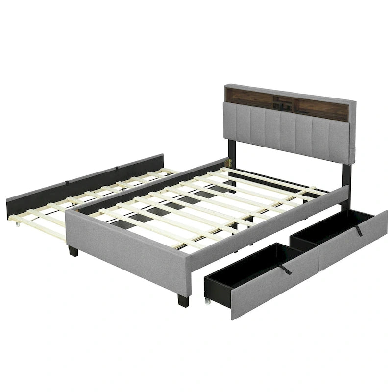 Lit plateforme rembourré avec tête de lit de rangement, lit gigogne et 2 tiroirs