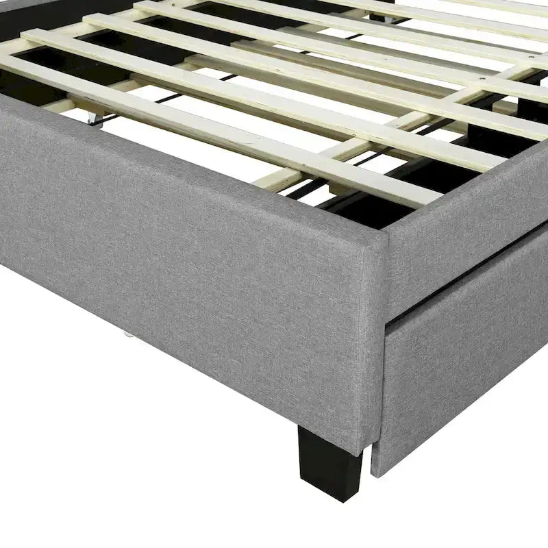 Lit plateforme rembourré avec tête de lit de rangement, lit gigogne et 2 tiroirs