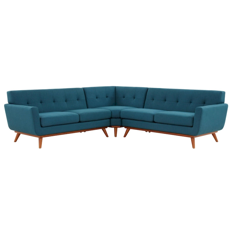 Canapé d'angle capitonné en lin avec pieds en bois