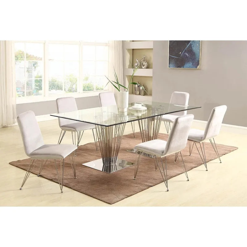 Table à manger rectangulaire en verre trempé avec double piédestal
