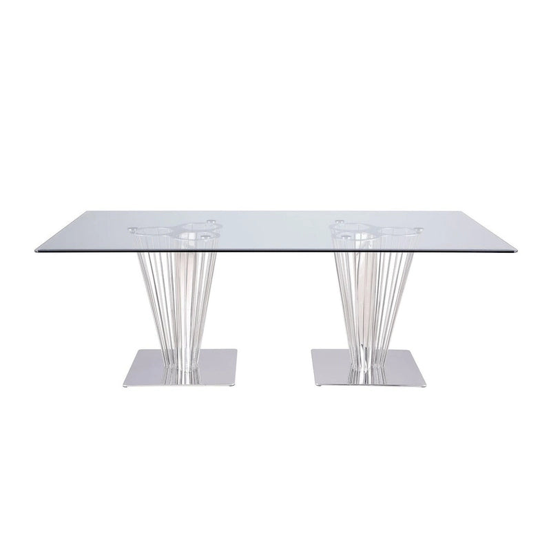 Table à manger rectangulaire en verre trempé avec double piédestal