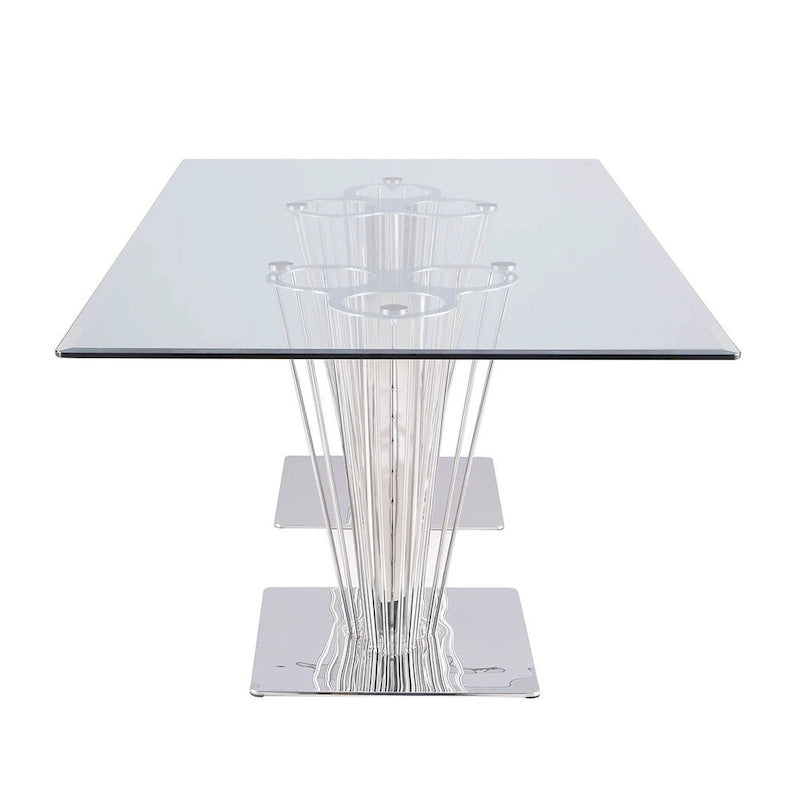 Table à manger rectangulaire en verre trempé avec double piédestal