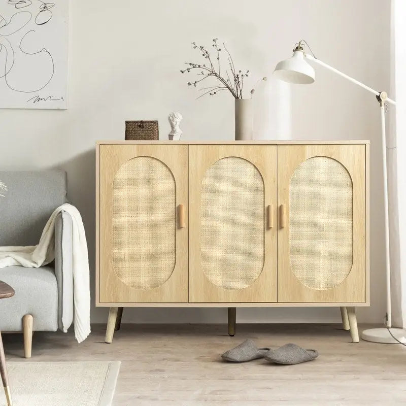 Modern Rattan Shoe Storage Cabinet with Double Doors and Adjustable Shelves, Accent Cabinet for Living Room, Bedroom, Hallway