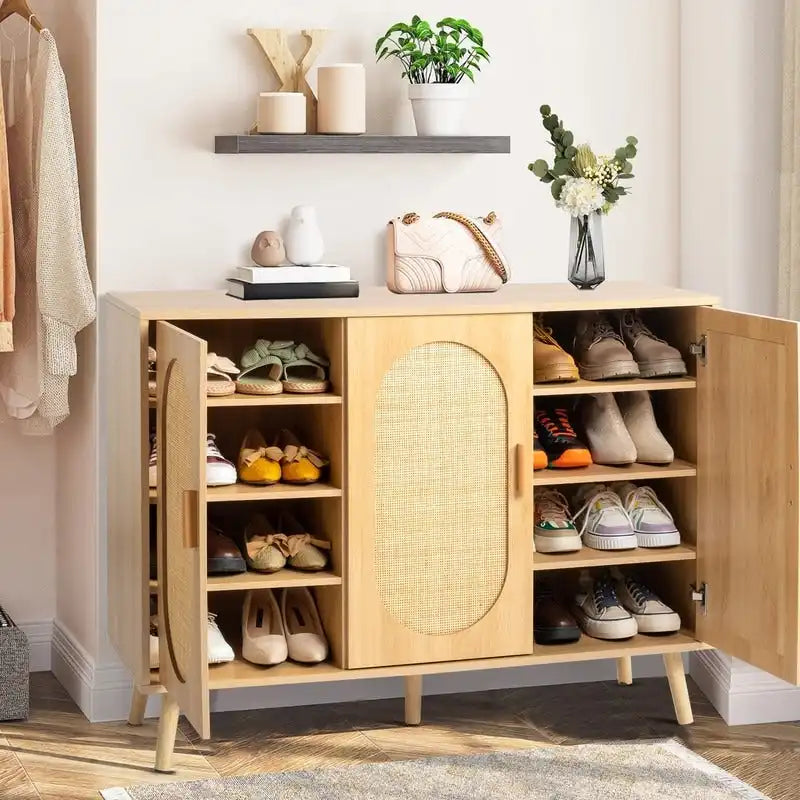 Meuble à Chaussures en Rotin avec Étagères Réglables – 2 ou 3 Portes