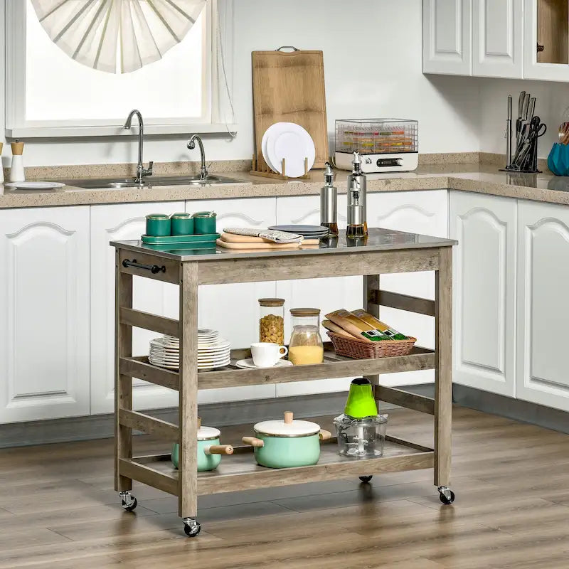 Desserte de cuisine roulante avec plateau en acier inoxydable – 108L x 48P x 89H cm