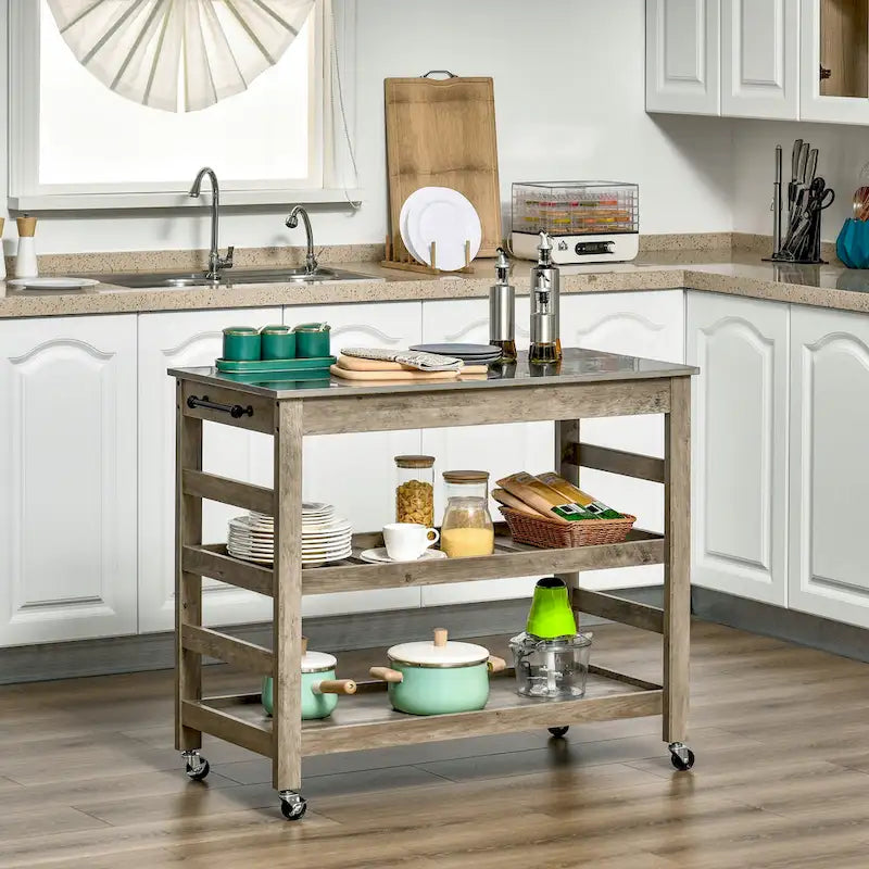 HOMCOM Kitchen Cart Rolling Kitchen Island Utility Trolley with Stainless Steel Top & Storage Wine Rack - 42.5W x 19D x 35H