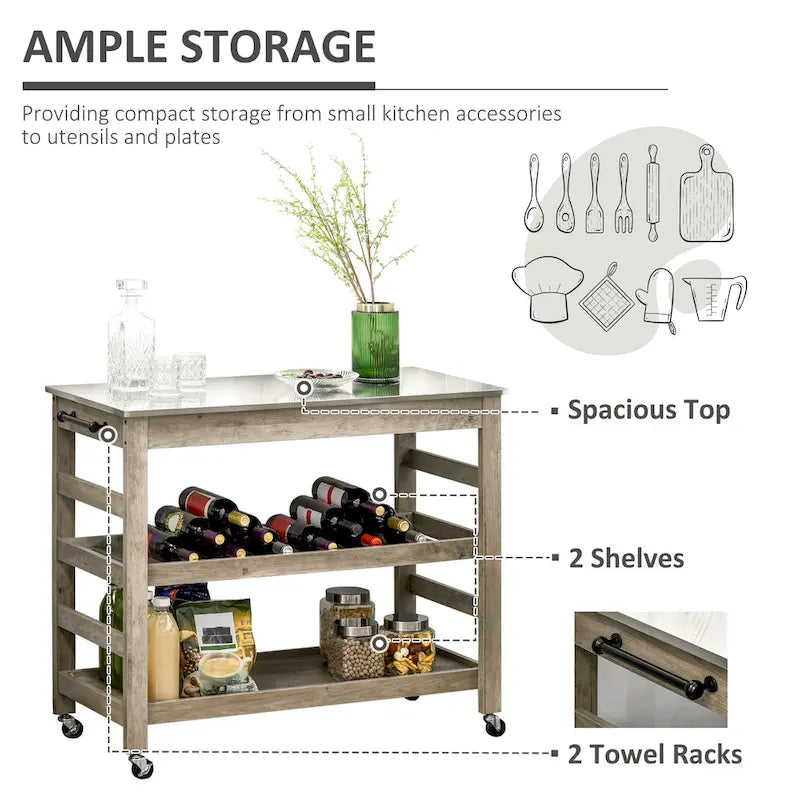 Desserte de cuisine roulante avec plateau en acier inoxydable – 108L x 48P x 89H cm