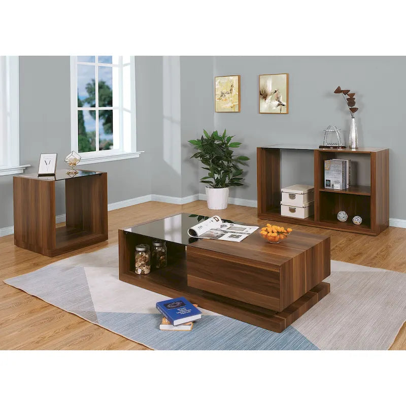 Table d'appoint contemporaine en noyer avec plateau en verre noir et étagère ouverte