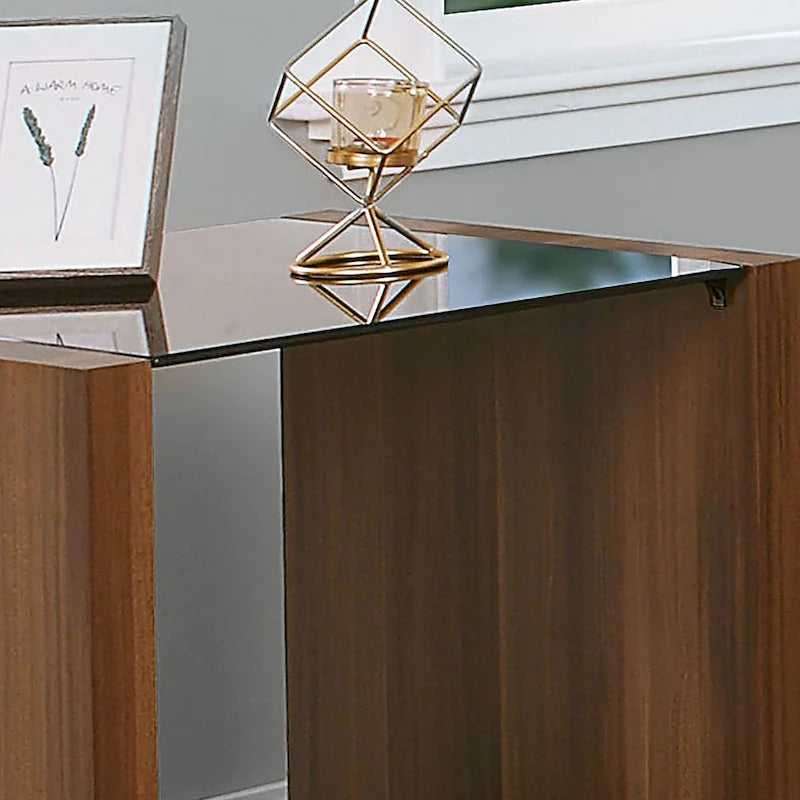 Table d'appoint contemporaine en noyer avec plateau en verre noir et étagère ouverte