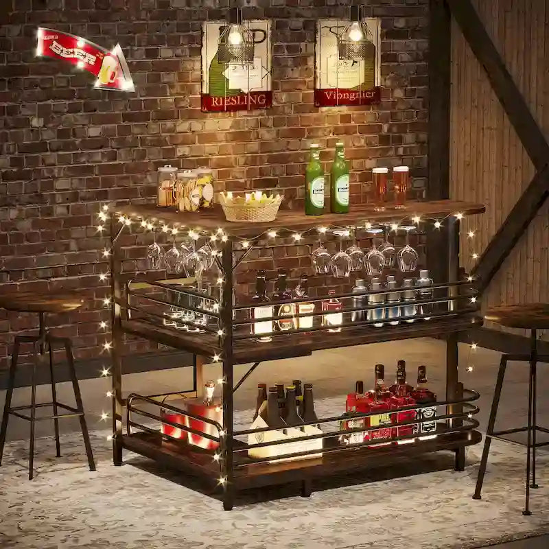 Table de bar en L avec porte-verres à vin et étagères ouvertes