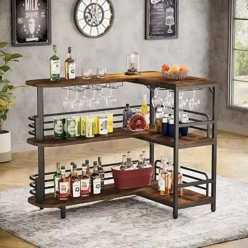 Table de bar en L avec porte-verres à vin et étagères ouvertes