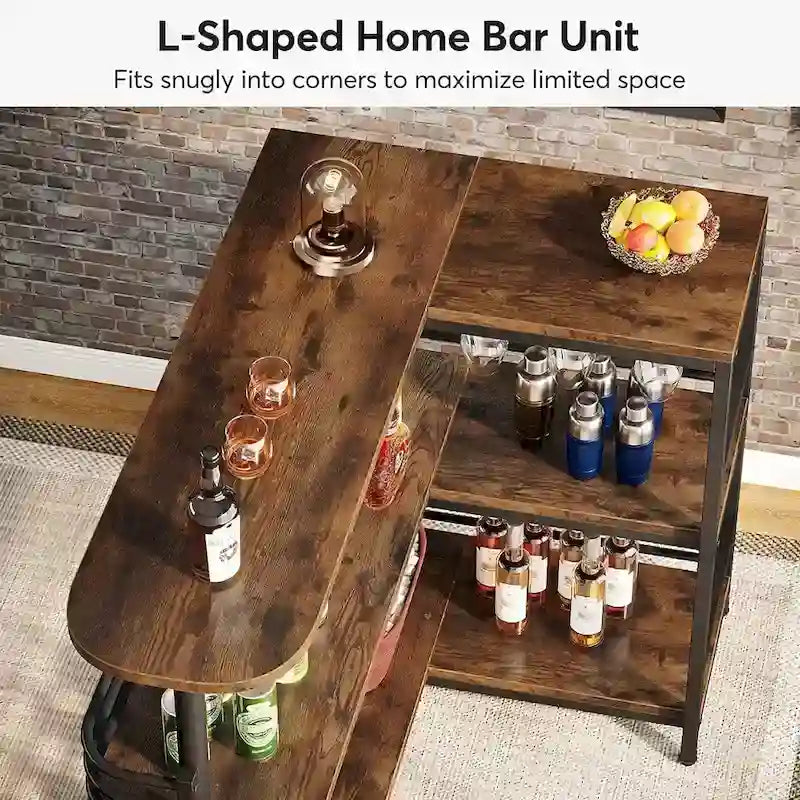 Table de bar en L avec porte-verres à vin et étagères ouvertes