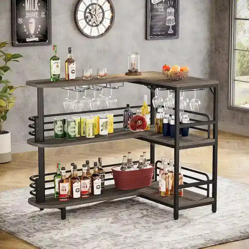Table de bar en L avec porte-verres à vin et étagères ouvertes
