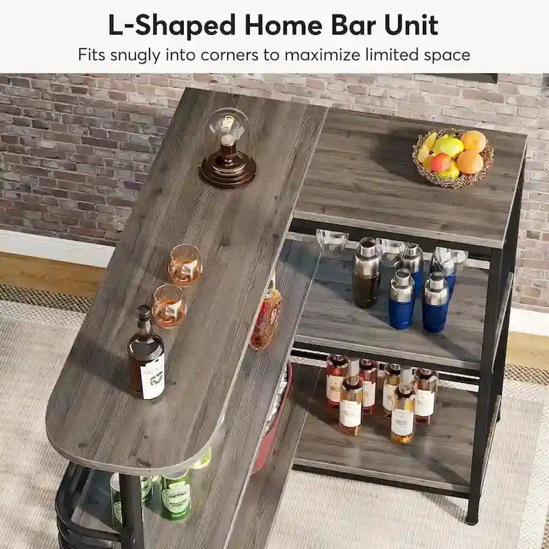 Table de bar en L avec porte-verres à vin et étagères ouvertes
