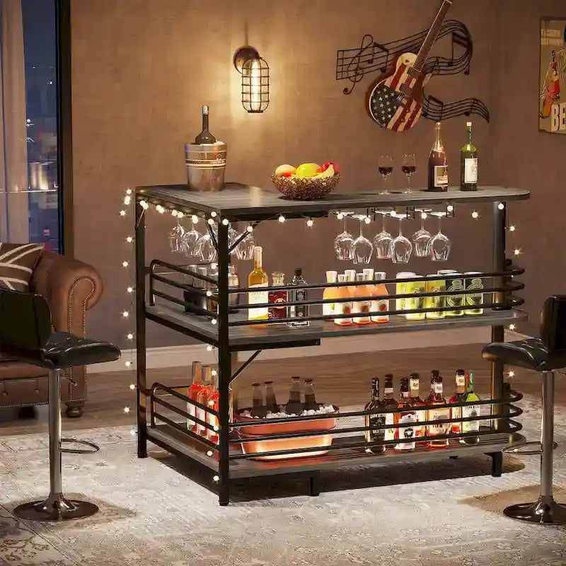 Table de bar en L avec porte-verres à vin et étagères ouvertes