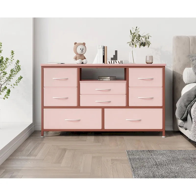 Meuble TV avec 8 tiroirs en tissu, prise de courant et lumière LED