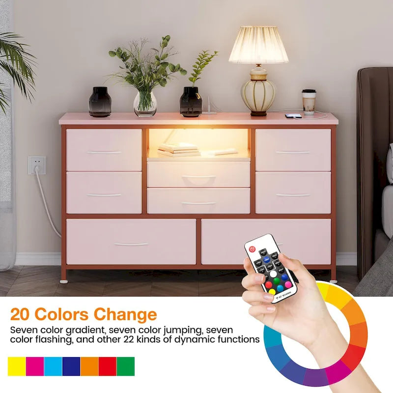 Meuble TV avec 8 tiroirs en tissu, prise de courant et lumière LED