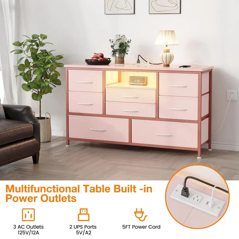 Meuble TV avec 8 tiroirs en tissu, prise de courant et lumière LED