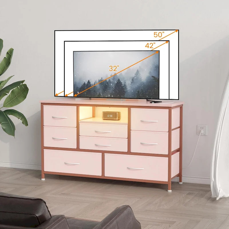 Meuble TV avec 8 tiroirs en tissu, prise de courant et lumière LED