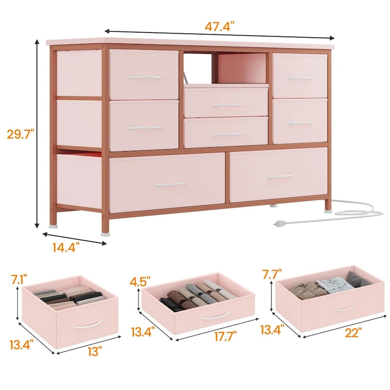 Meuble TV avec 8 tiroirs en tissu, prise de courant et lumière LED