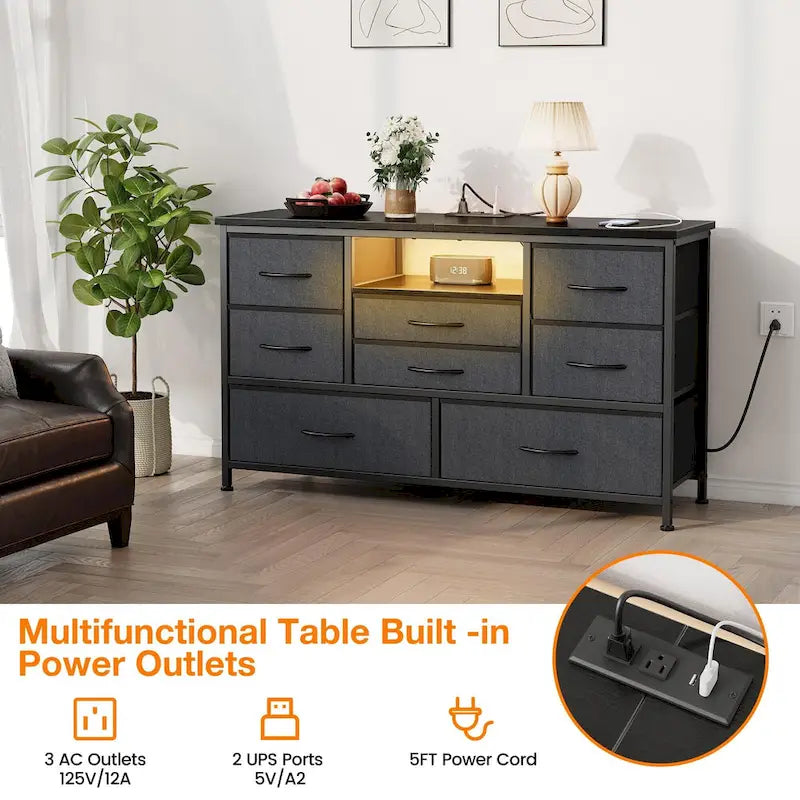 Meuble TV avec 8 tiroirs en tissu, prise de courant et lumière LED