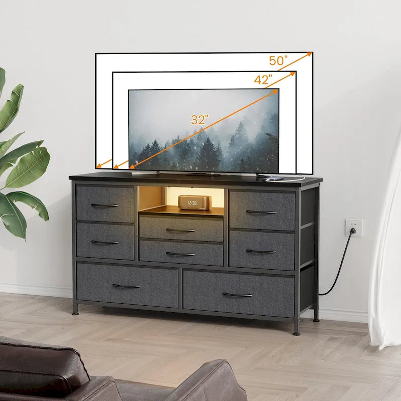 Meuble TV avec 8 tiroirs en tissu, prise de courant et lumière LED