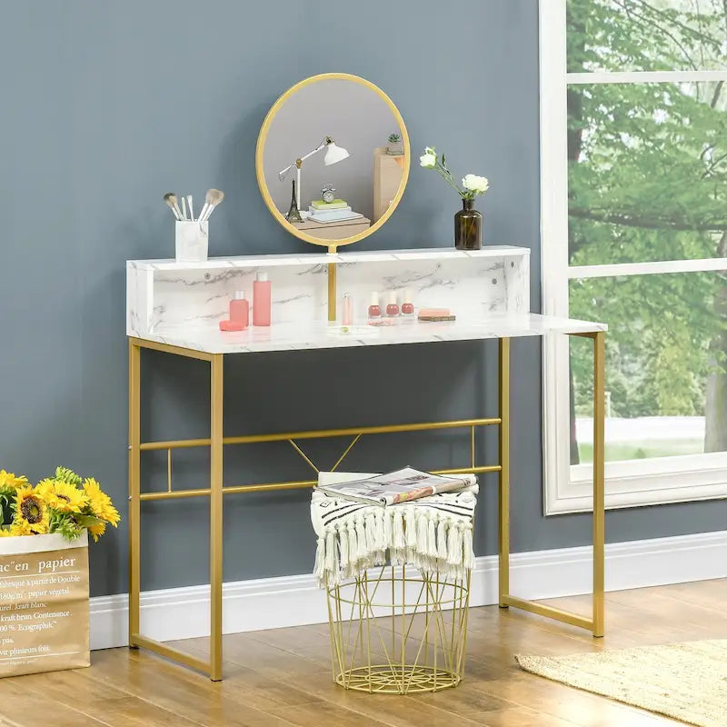 Coiffeuse moderne avec miroir rotatif – Blanc et doré