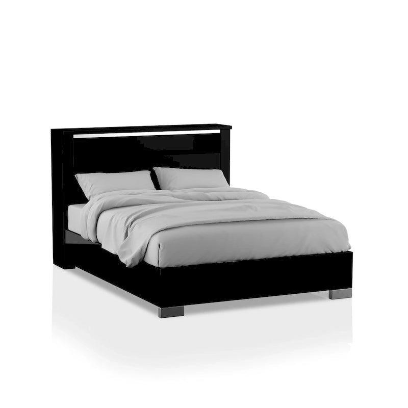 Lit à panneau noir moderne avec étagère de tête de lit à LED