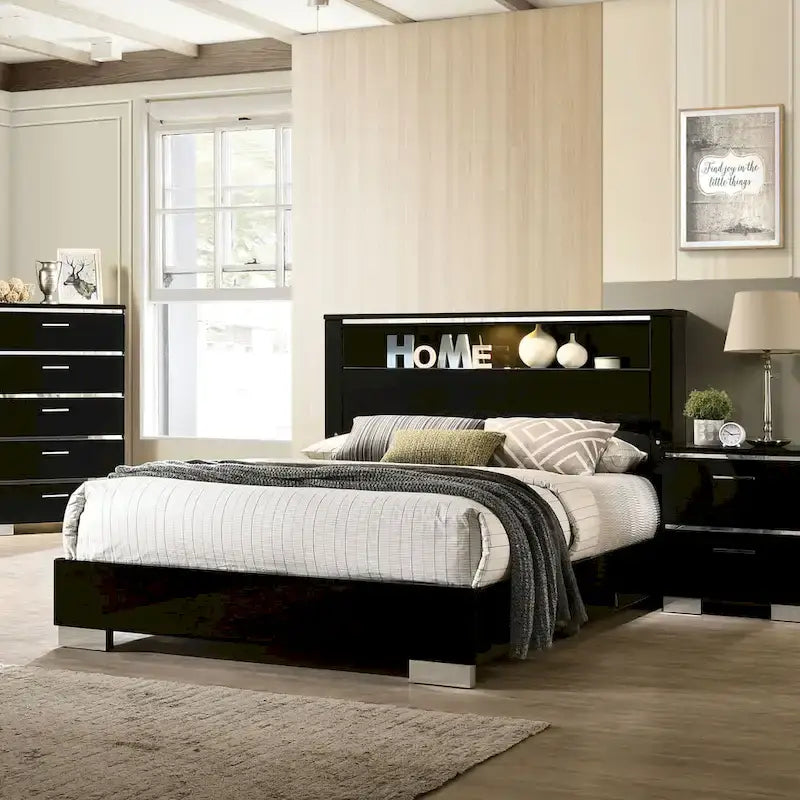 Lit à panneau noir moderne avec étagère de tête de lit à LED