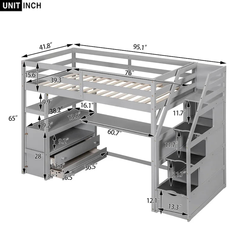 Lit mezzanine jumeau avec bureau, étagères, escalier et 2 tiroirs de rangement